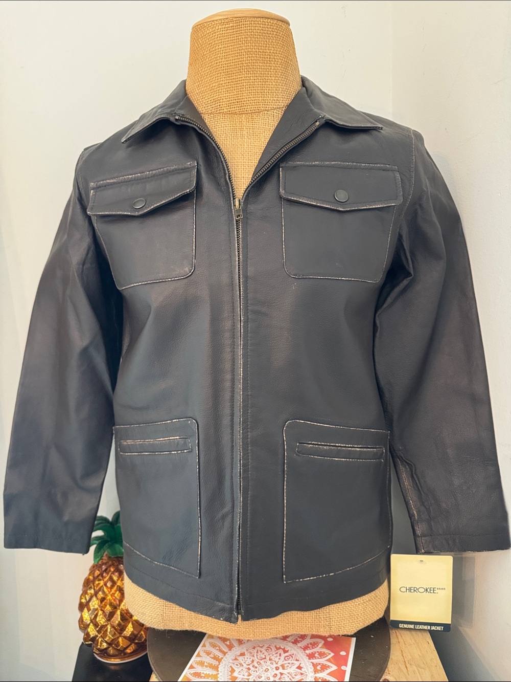 Cherokee Black Leather Military Field Jacket